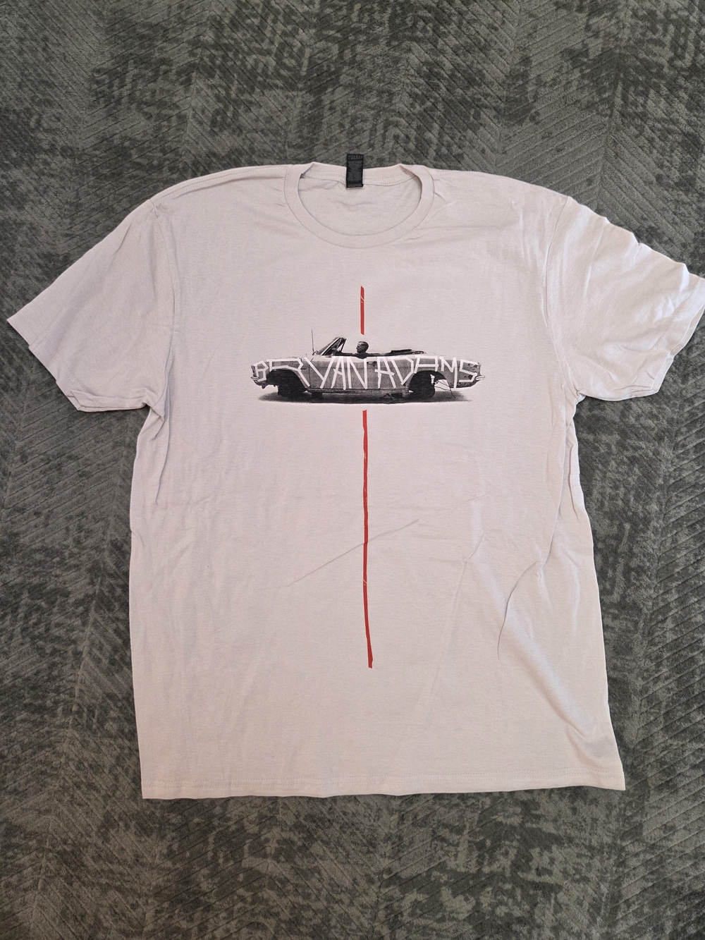 Bryan Adams Tour beige  Short-Sleeve Tee with Black Car Graphic and Red Stripe
